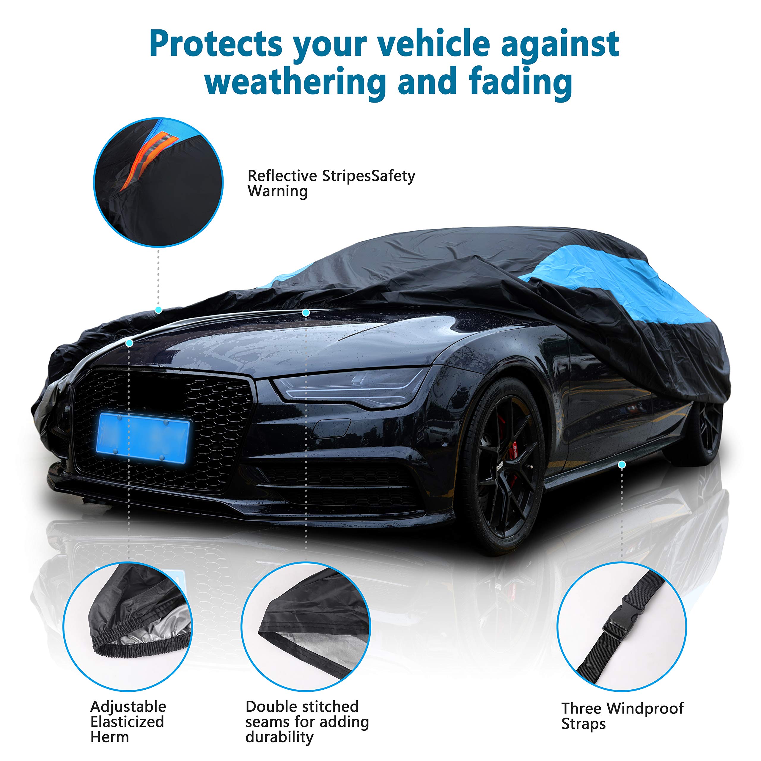 MORNYRAY blue sedan cover shows windproof elastic hem and buckle system for secure fit