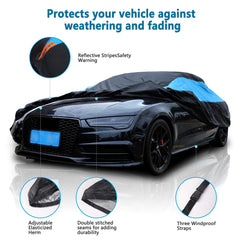 MORNYRAY blue sedan cover shows windproof elastic hem and buckle system for secure fit