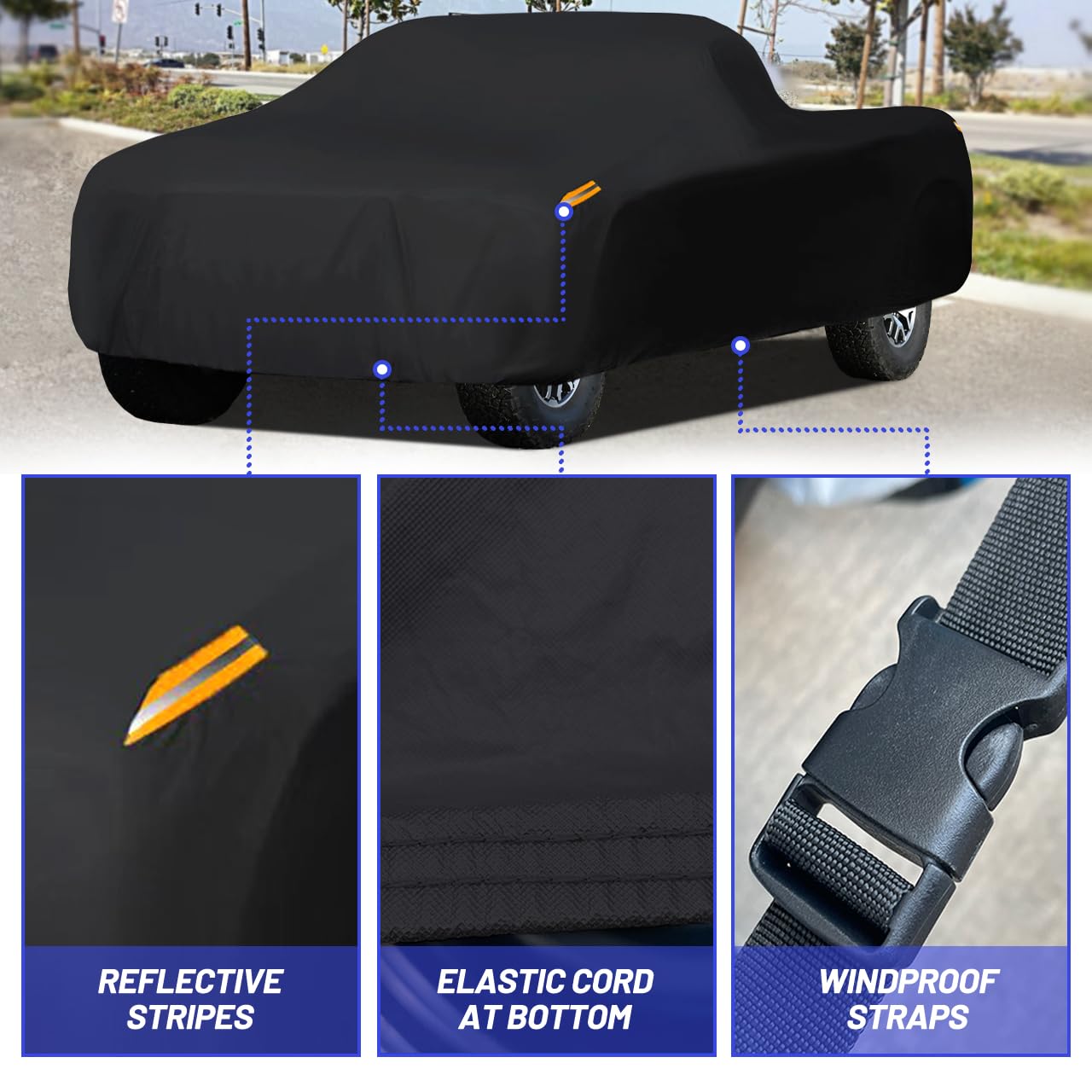 MORNYRAY windproof truck cover with elastic hem and buckles for secure fit