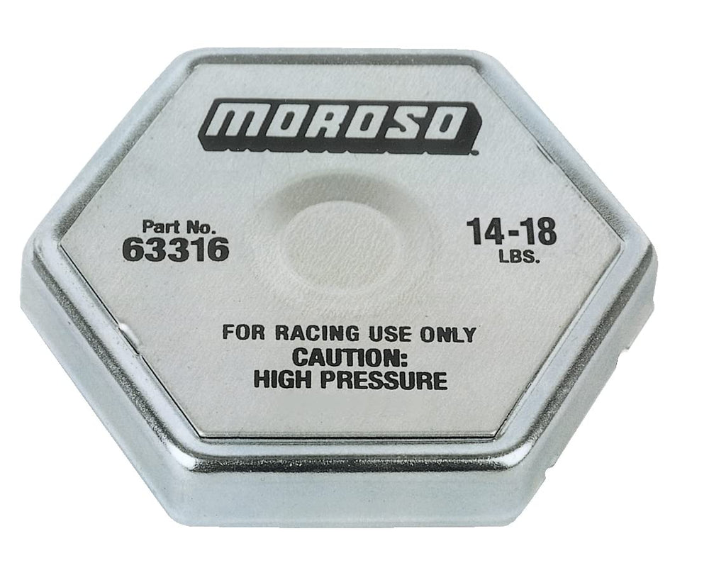 Moroso 63316 radiator cap with stainless steel spring maintains pressure on standard filler necks