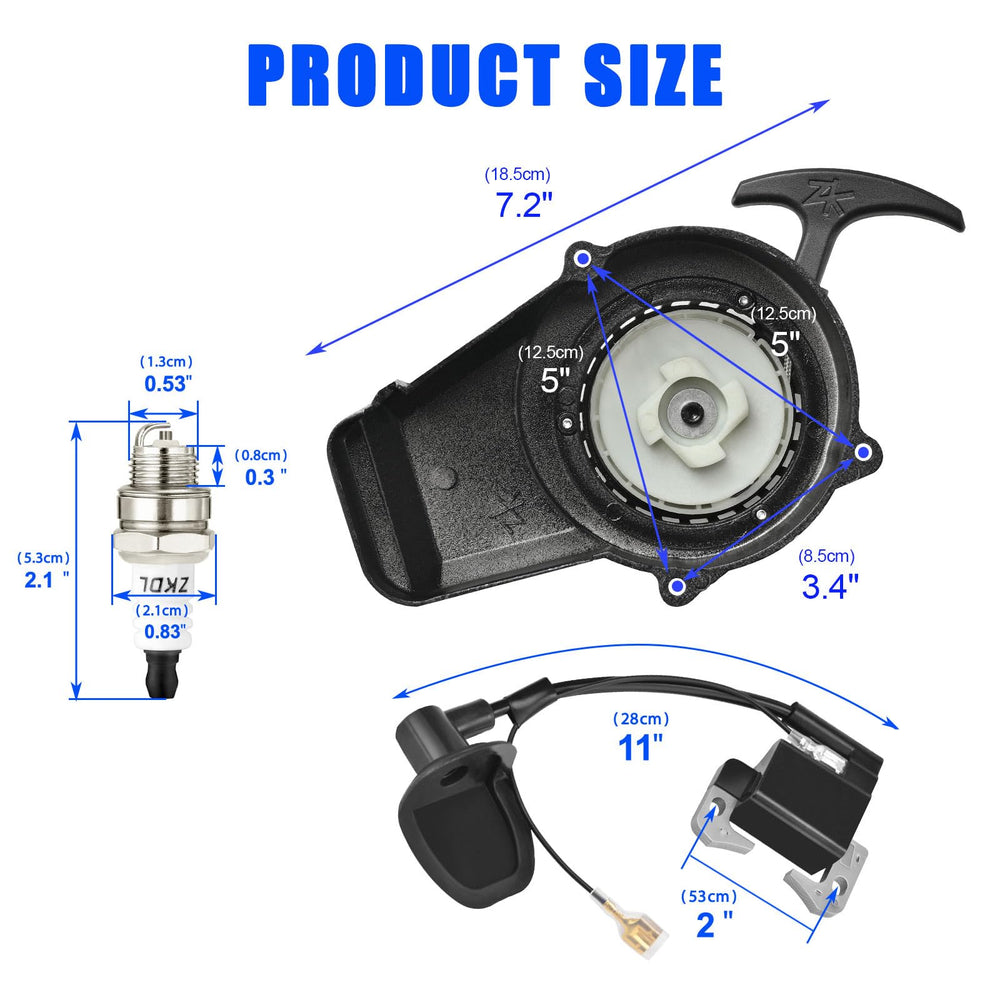 Moroxi pull starter shows 80 mm hole diameter for broad engine compatibility.