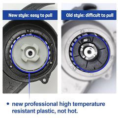 Moroxi recoil pull starter with plastic inner cog reduces fracture risk during starting.