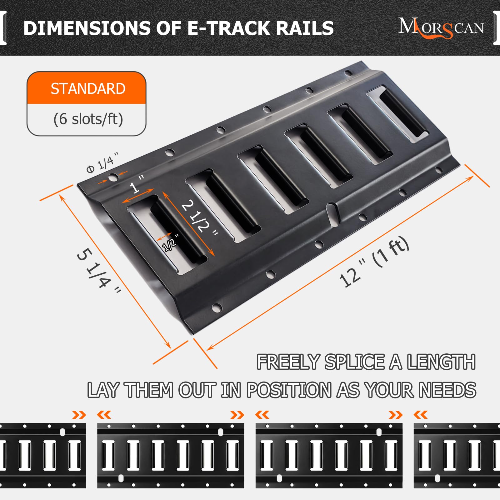 MorScan E-Track rail kit close-up shows powder-coated finish.