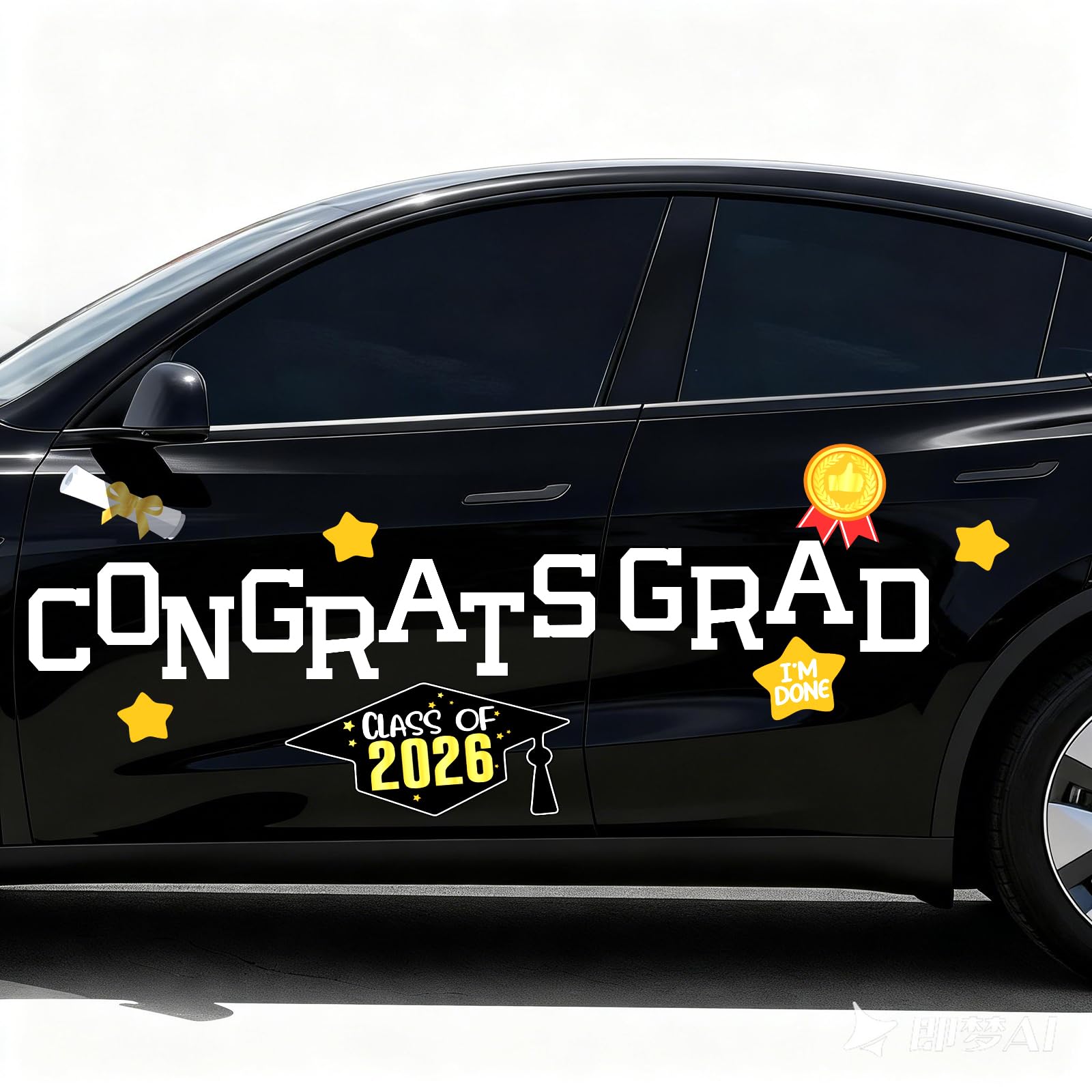 Mosailles 2026 graduation banner magnets decorating a car for a festive parade