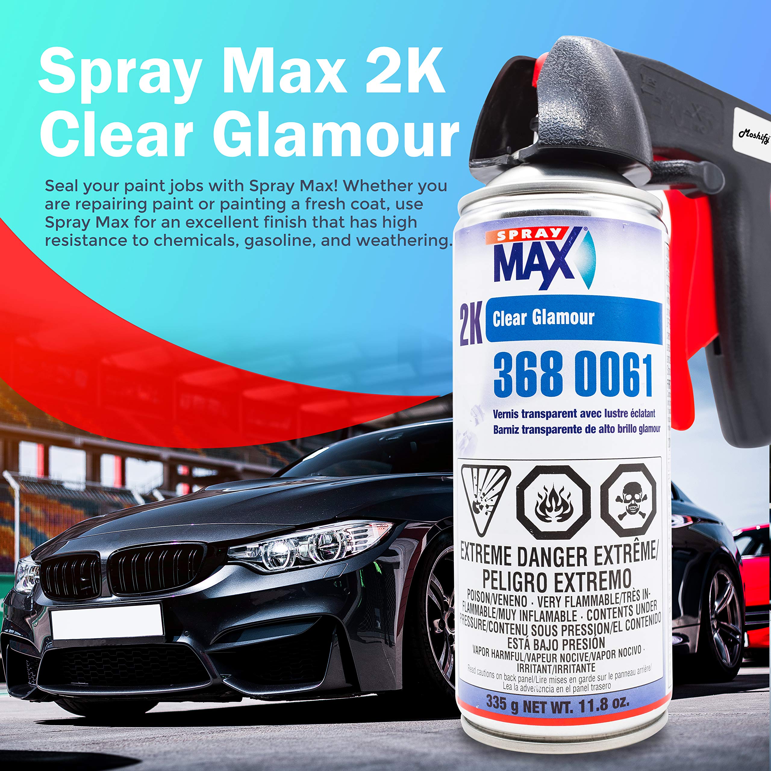 Moshify Spraymax 2K clear coat label close-up highlighting durability and curing potential.
