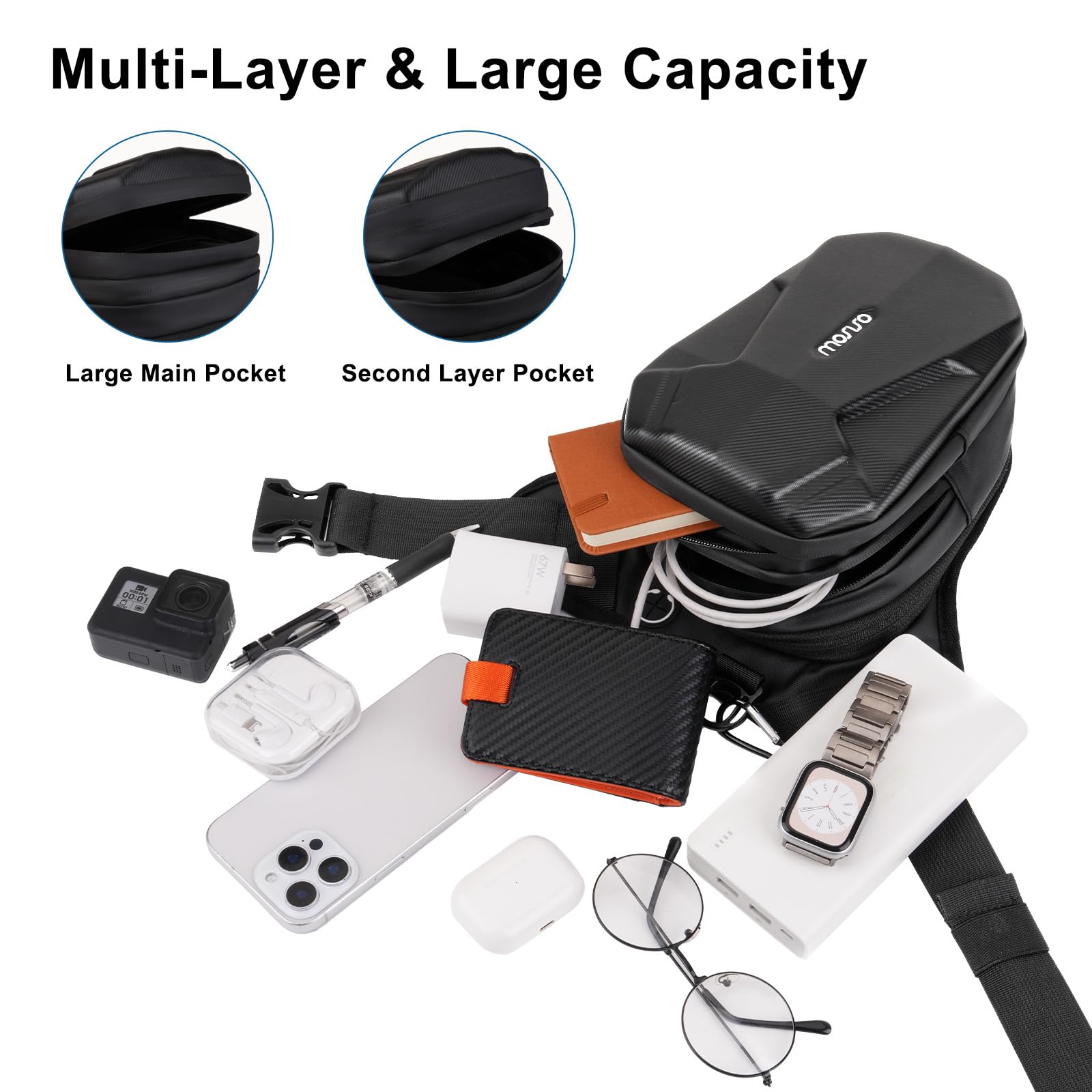 Expandable cargo capacity shows the bag’s 2.5-inch expansion for extra gear.