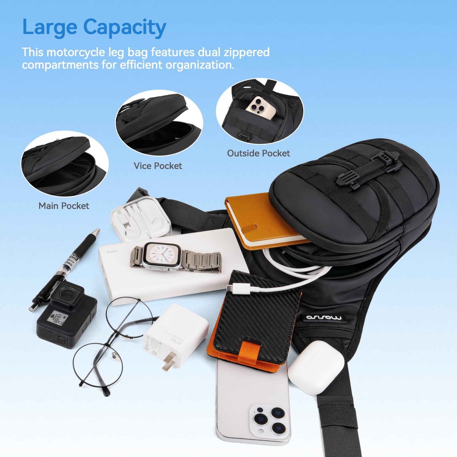 MOSISO motorcycle bag in water-resistant fabric protecting essentials in wet conditions.