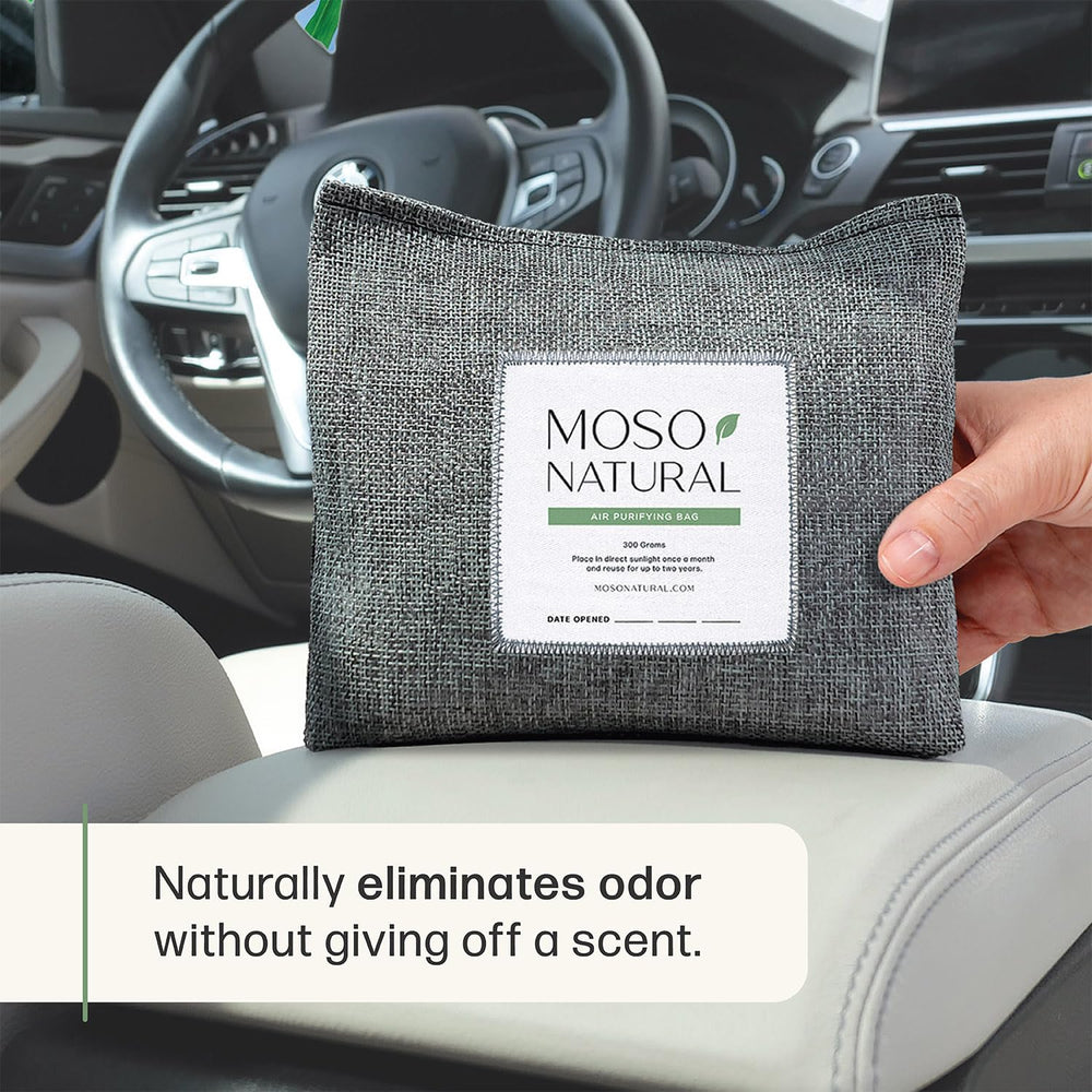MOSO NATURAL bamboo charcoal car air purifier close-up, 300g, long-lasting odor control.