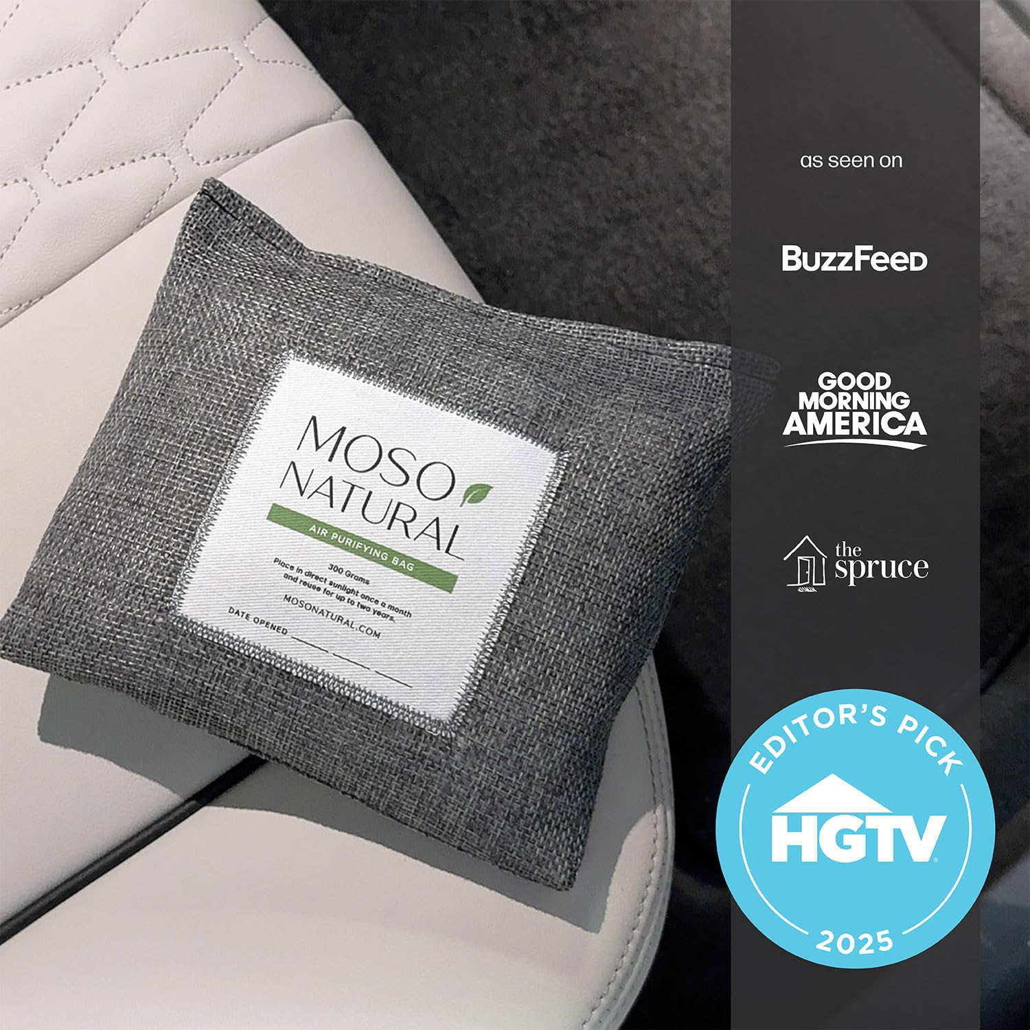MOSO NATURAL car moisture absorber bag reduces musty smells and humidity.