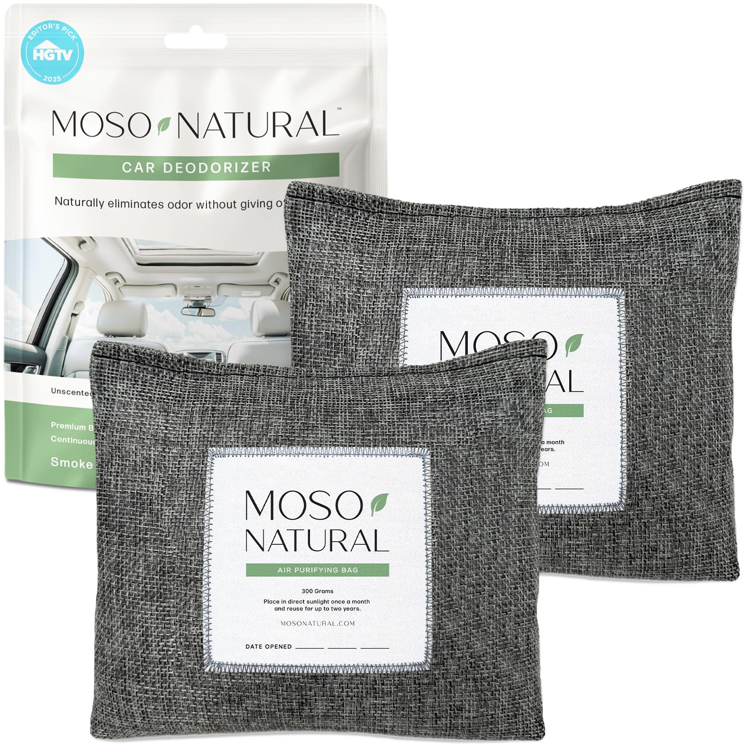 MOSO NATURAL car odor absorber 2-pack with 300g bamboo charcoal neutralizes smells.