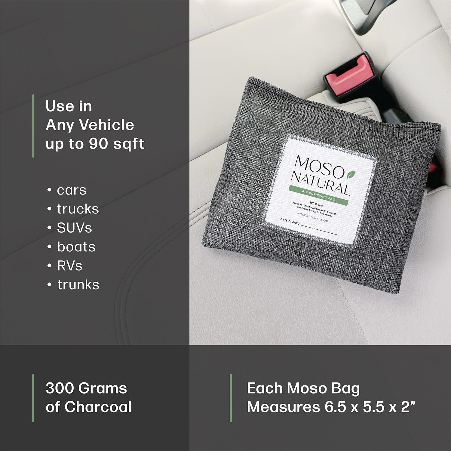 MOSO NATURAL unscented car deodorizer bag showing minimalist design for fragrance-free freshness.