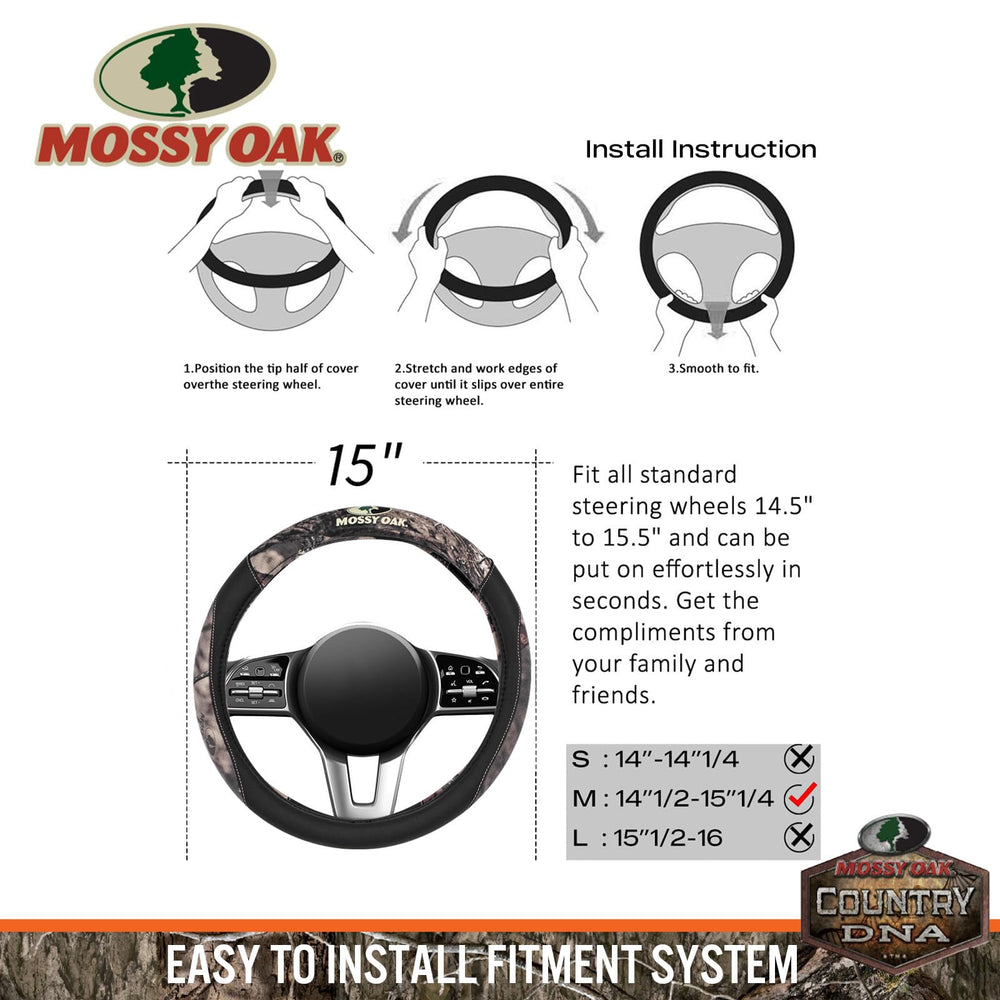 Mossy Oak camo steering wheel cover showcases camouflage pattern for interior style.