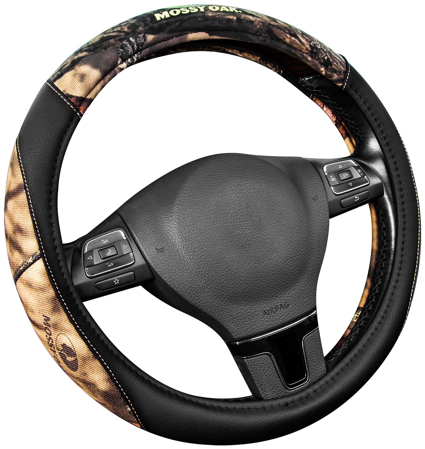 Mossy Oak camo steering wheel cover with cotton twill texture for improved comfort.