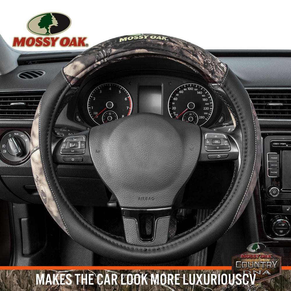 Mossy Oak camo steering wheel cover with double-stitched seams for lasting durability.