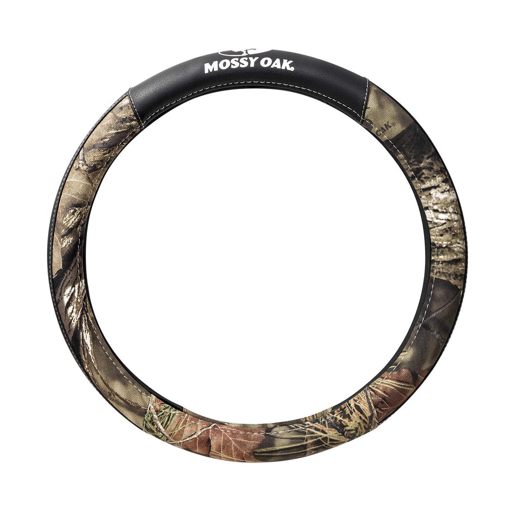 Mossy Oak camo steering wheel cover with forest print enhances cabin styling and camouflage vibe.
