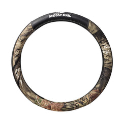 Mossy Oak camo steering wheel cover with forest print enhances cabin styling and camouflage vibe.