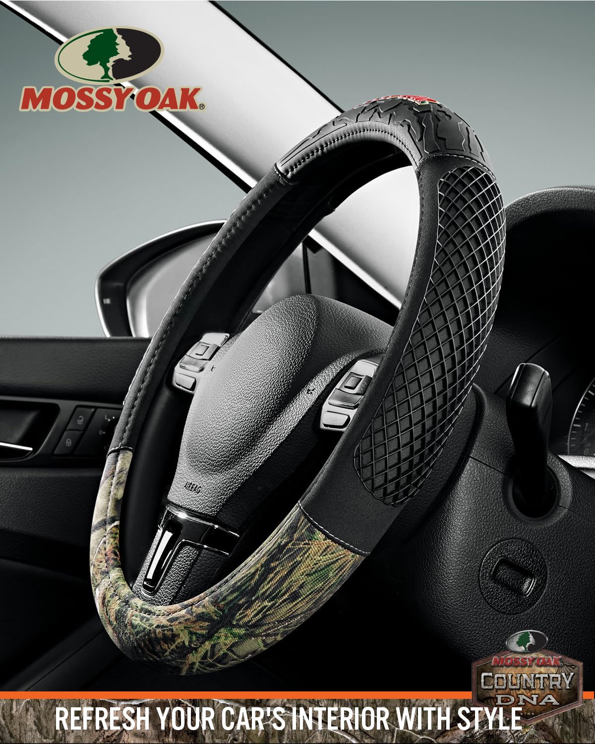 Mossy Oak camo wheel cover uses leather and cotton twill for premium feel.