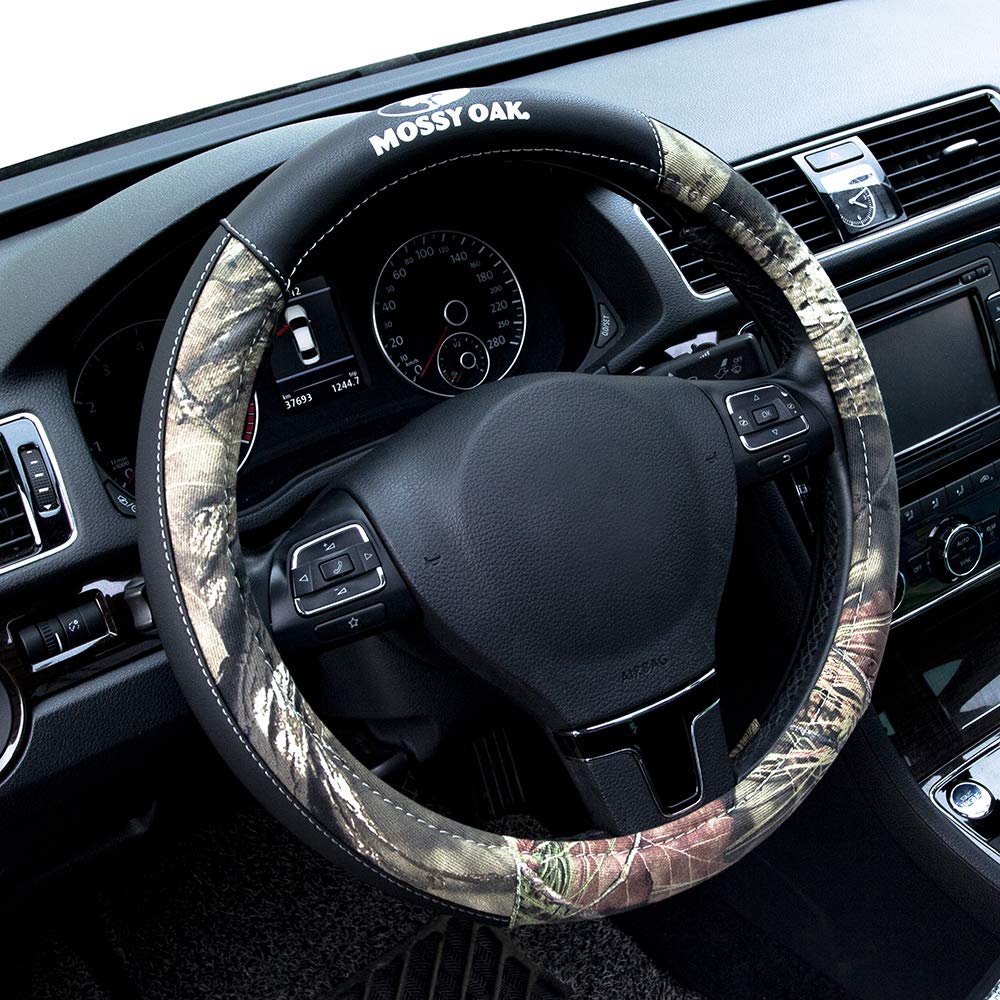 Mossy Oak camo steering wheel cover PVC leather texture for durable, premium feel.