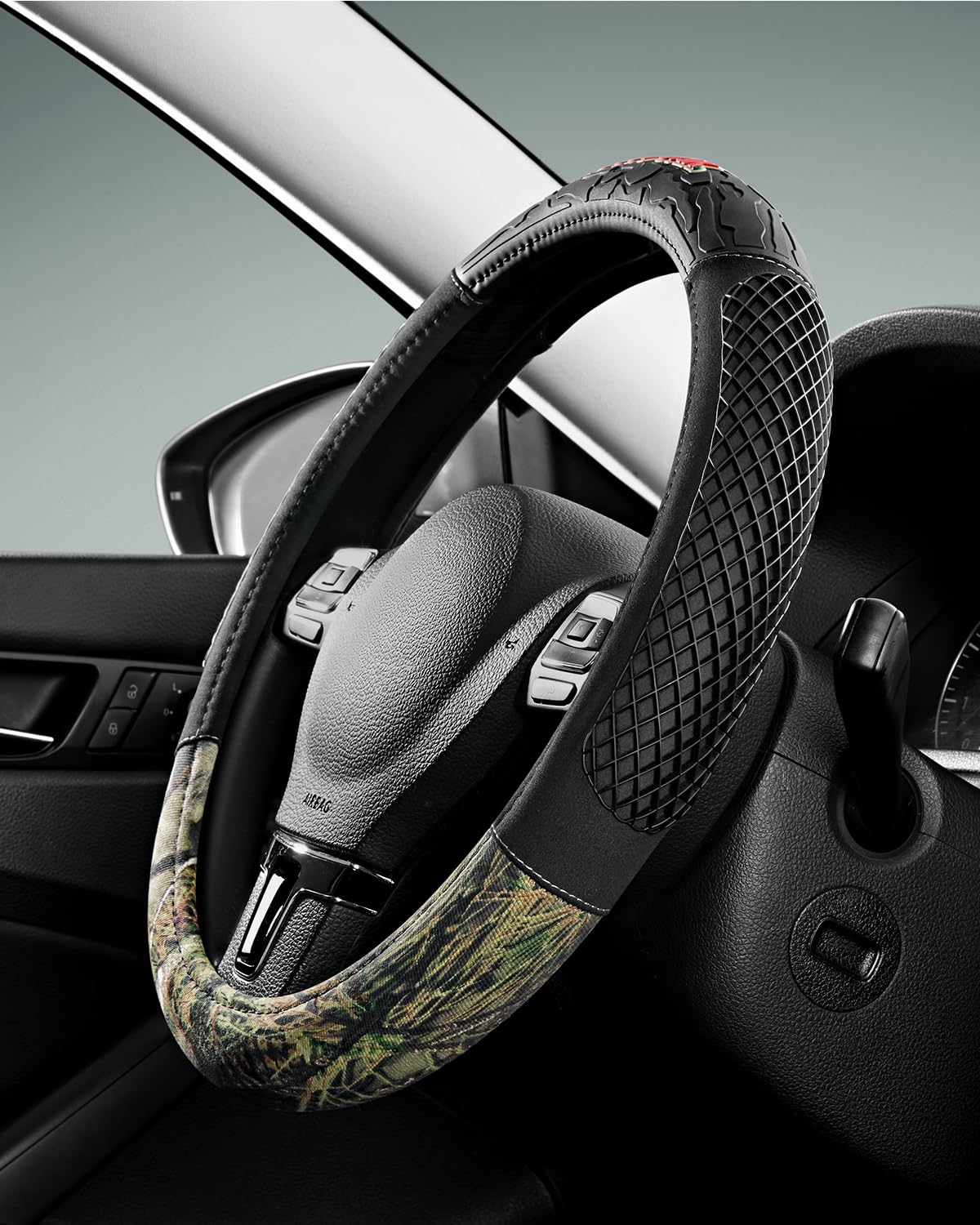 Mossy Oak camo steering wheel cover installs quickly for faster setup.