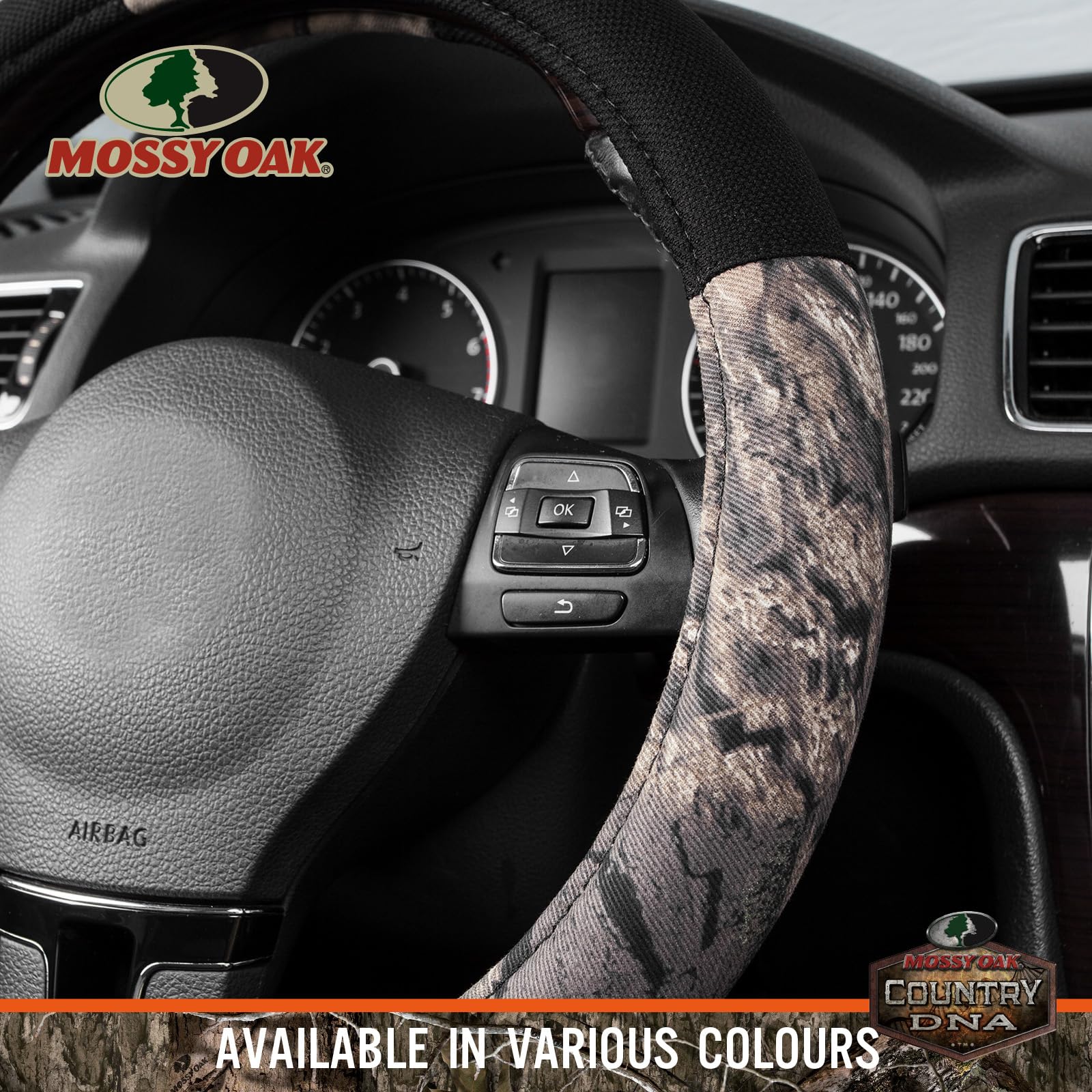 Mossy Oak camo steering wheel cover installs quickly for hassle-free protection.
