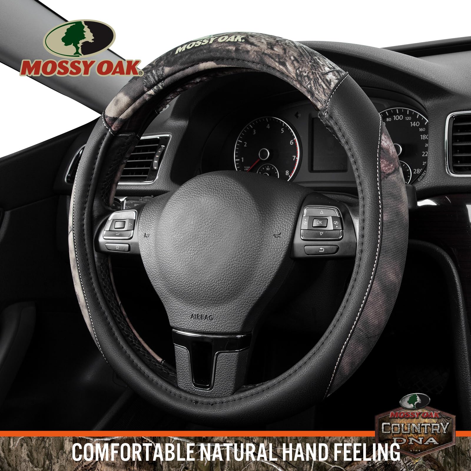 Mossy Oak camo steering wheel cover provides grip and temperature protection for hands.