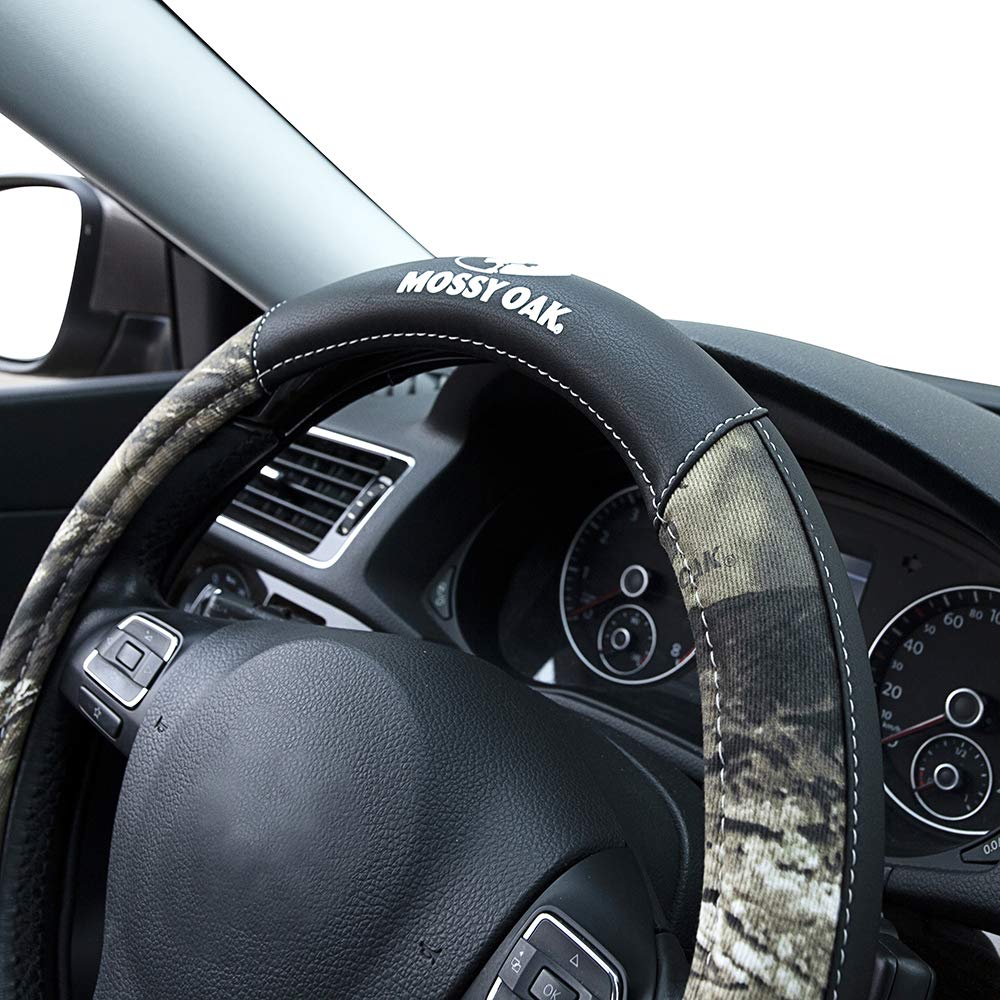 Mossy Oak camo steering wheel cover shows thick stitching for long-lasting wear.