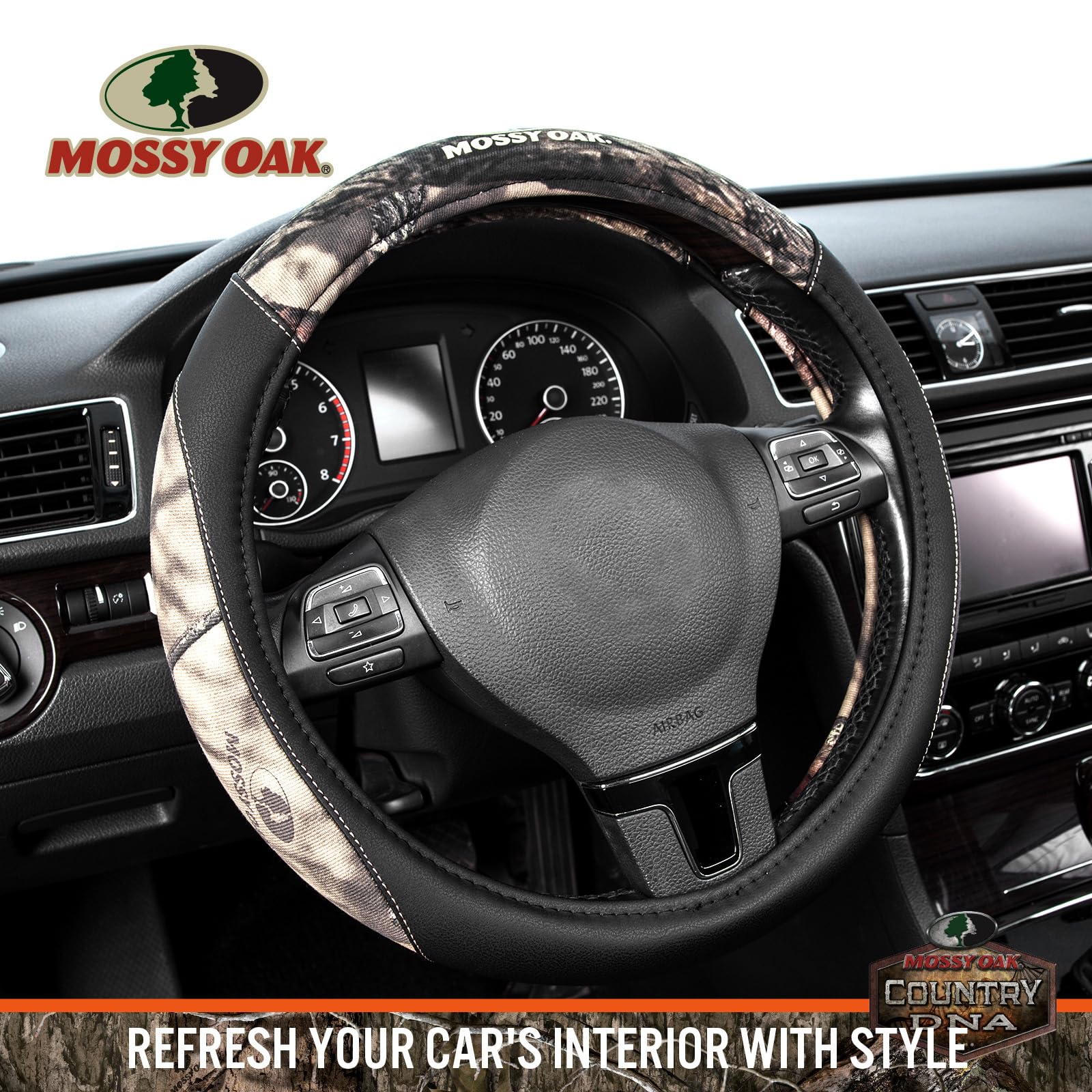 Mossy Oak camo steering wheel cover fits 14.5 to 15 inch wheels universally.