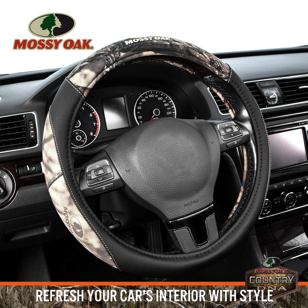 Mossy Oak camo steering wheel cover fits 14.5 to 15 inch wheels universally.