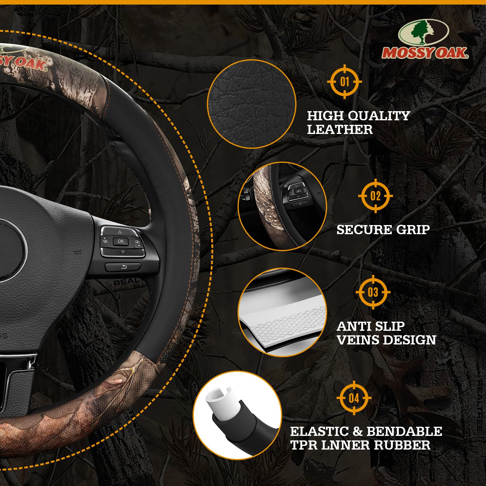Mossy Oak camo cover features double-stitched seams for durability
