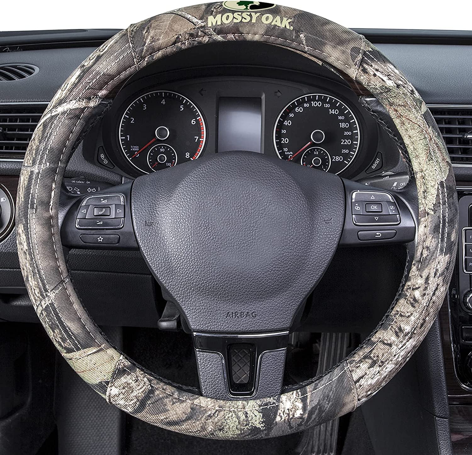 Mossy Oak full camo steering wheel cover with maple pattern for rugged cabin style.
