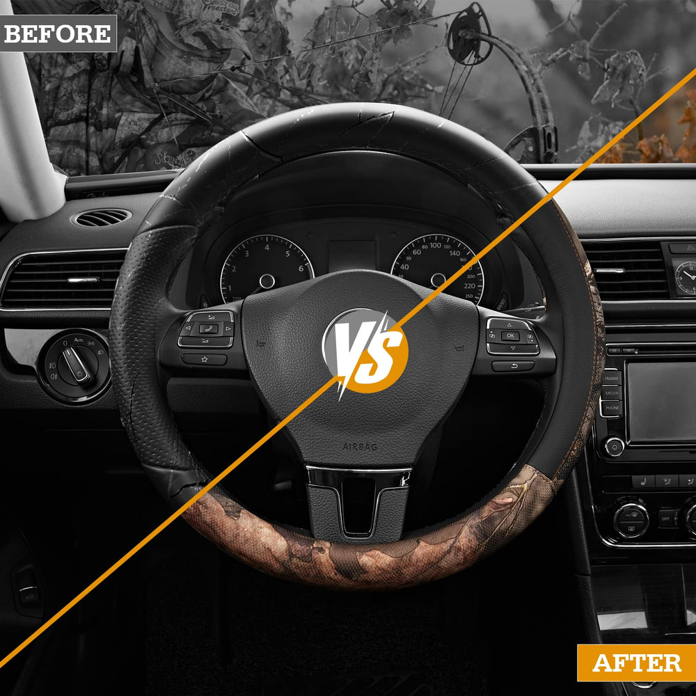 Mossy Oak universal fit steering wheel cover on a 14.5–15 inch wheel, enhanced grip
