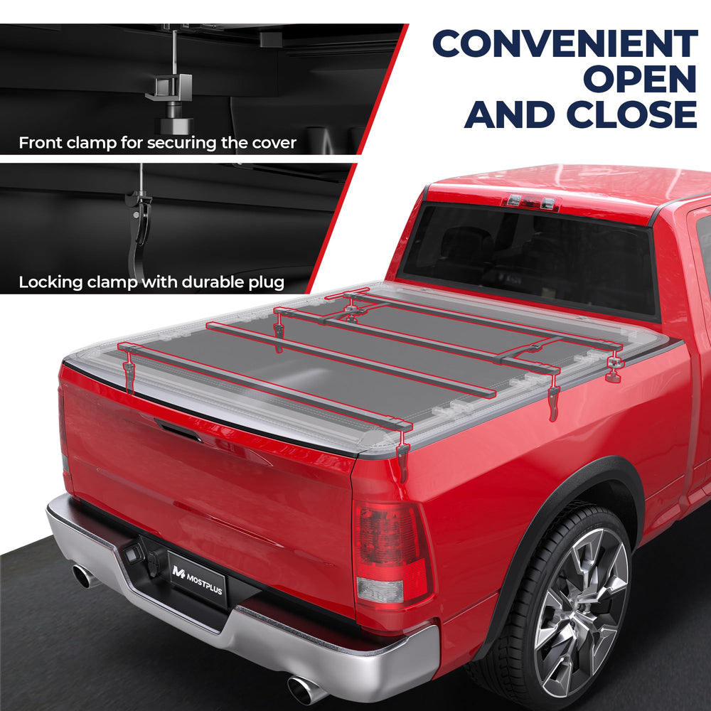 MOSTPLUS clip-fastening detail shows fast, secure attachment for Ram 1500 bed