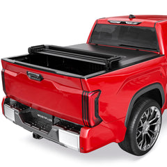 MOSTPLUS Quad Fold tonneau cover on top shields cargo from rain and sun.