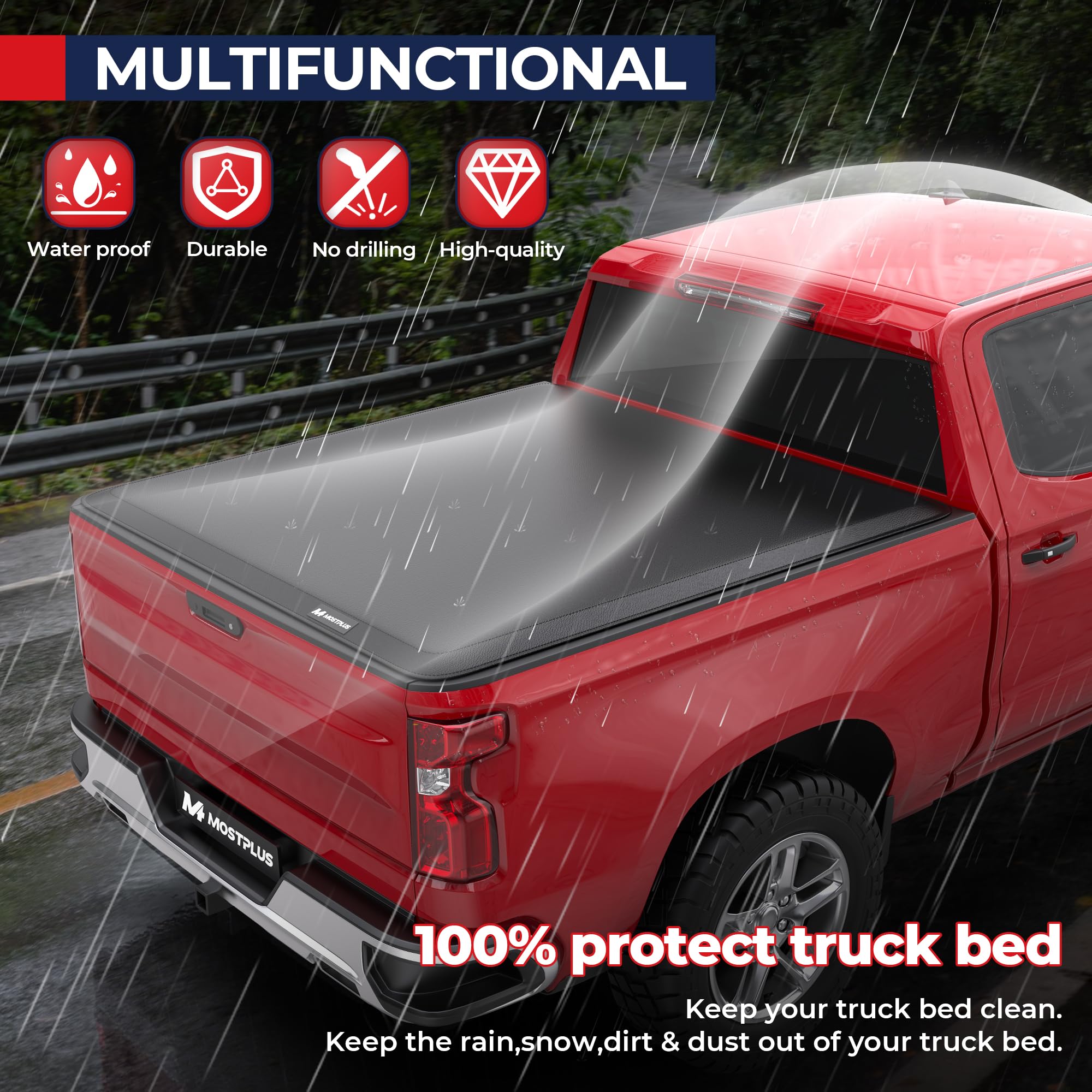 MostPlus roll-up tonneau cover – side rails with secure clamps for stability