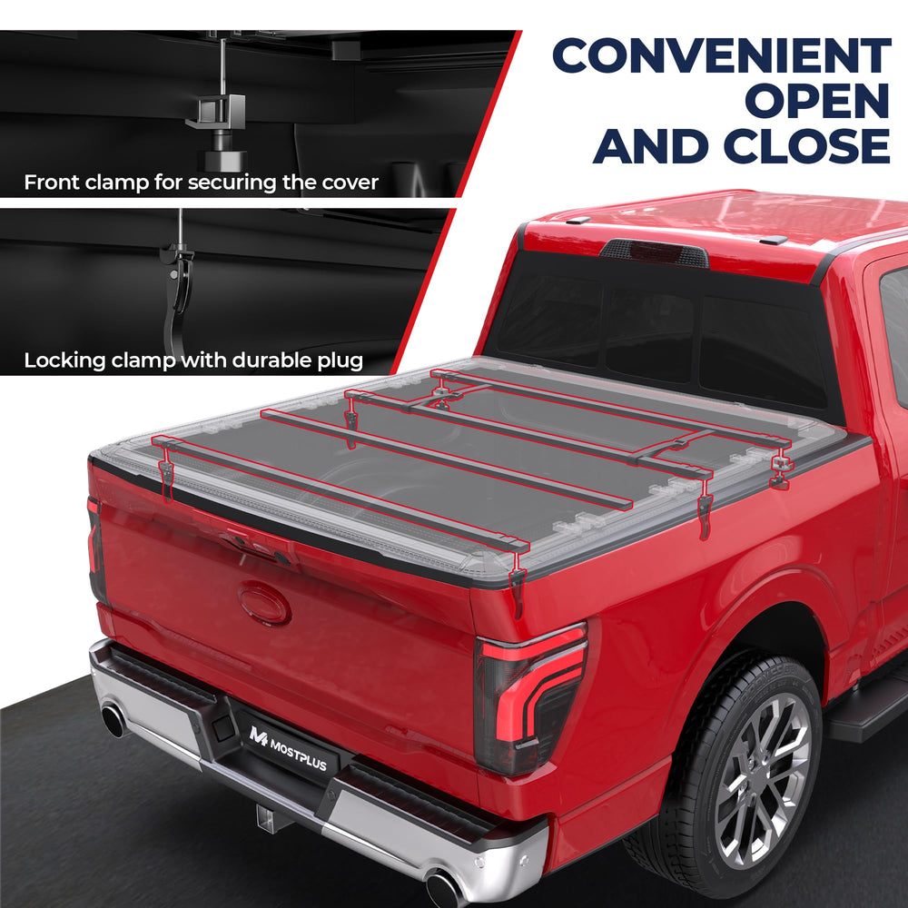 MostPlus tonneau cover side view showing low-profile, clean truck bed look.