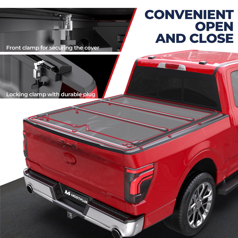 MOSTPLUS tonneau panel close-up shows durable vinyl and quality finish.