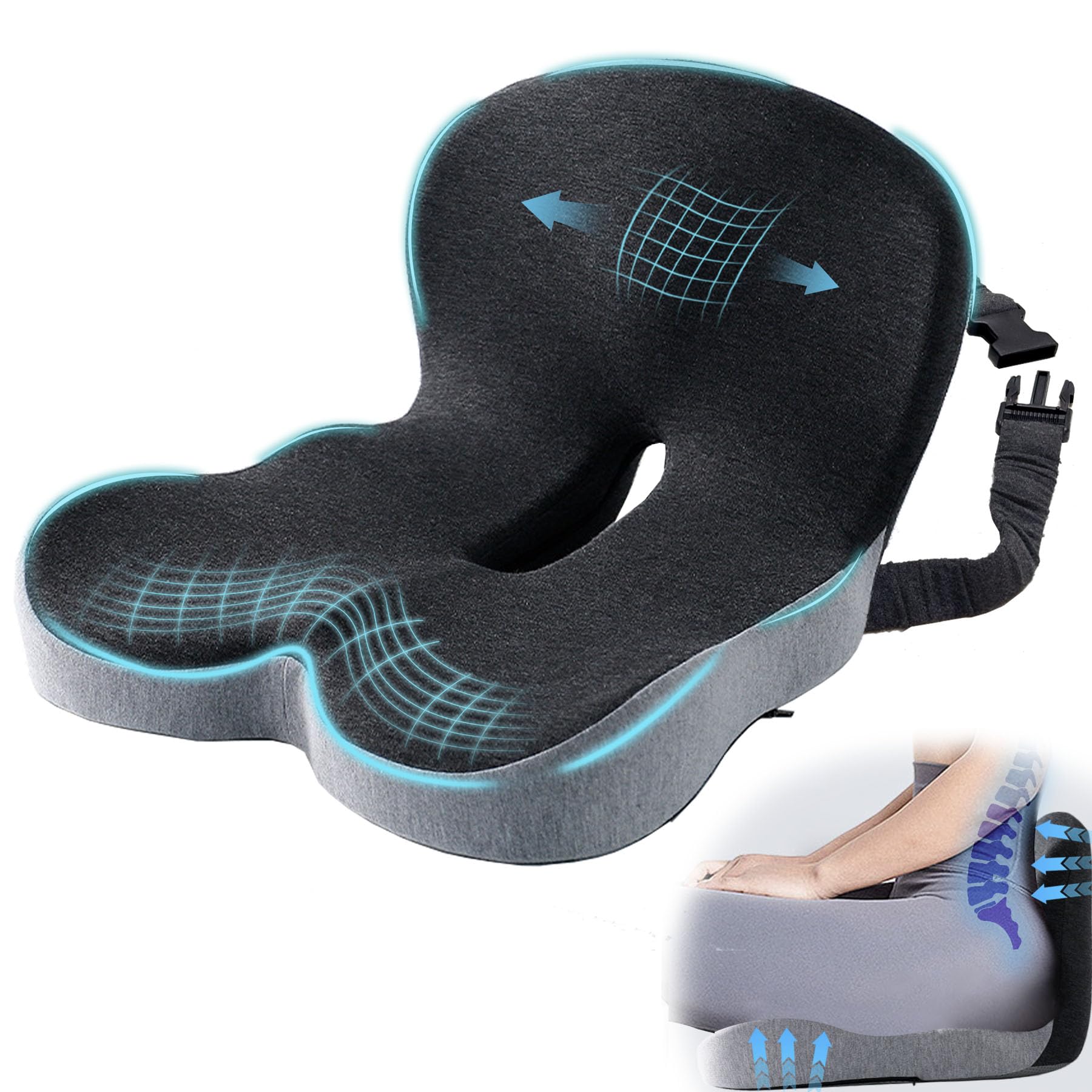 Mosxoed ergonomic seat cushion with adjustable strap provides stable support on long drives.