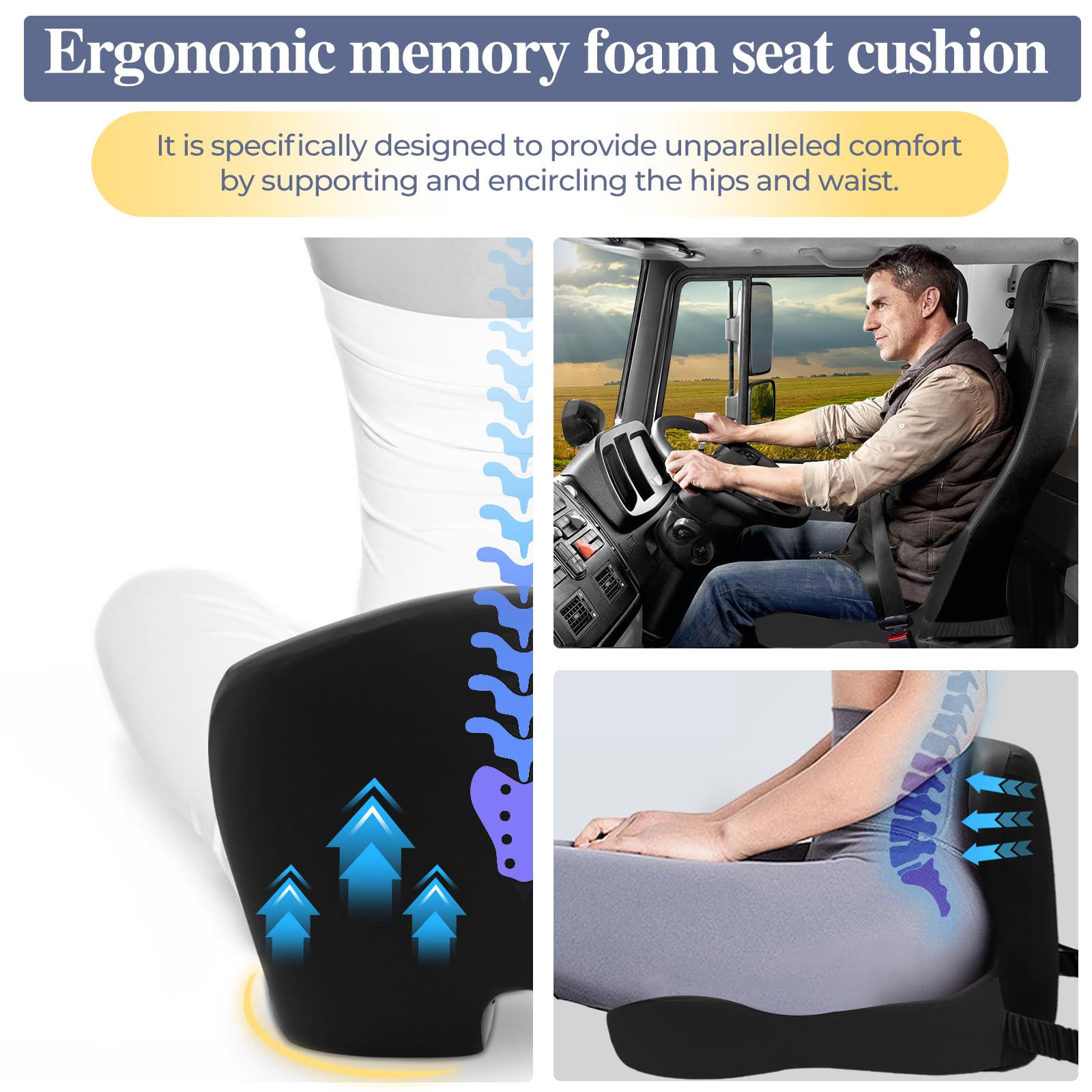 Mosxoed memory foam core provides plush, enduring support during long drives.