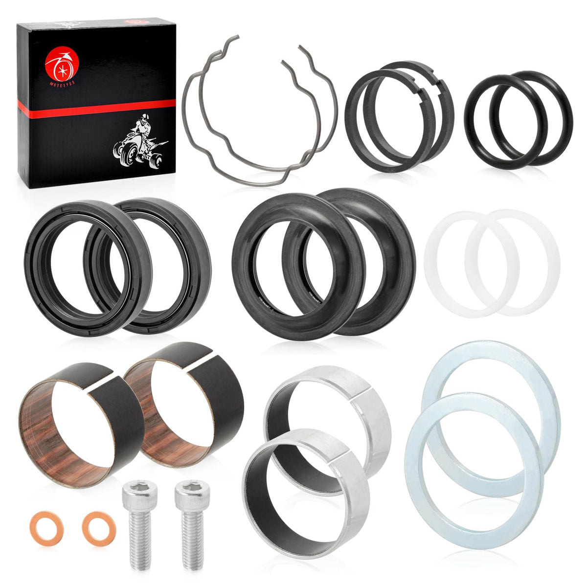 MOTO1988 39mm front fork seals kit contents for Sportster, ready for rebuild