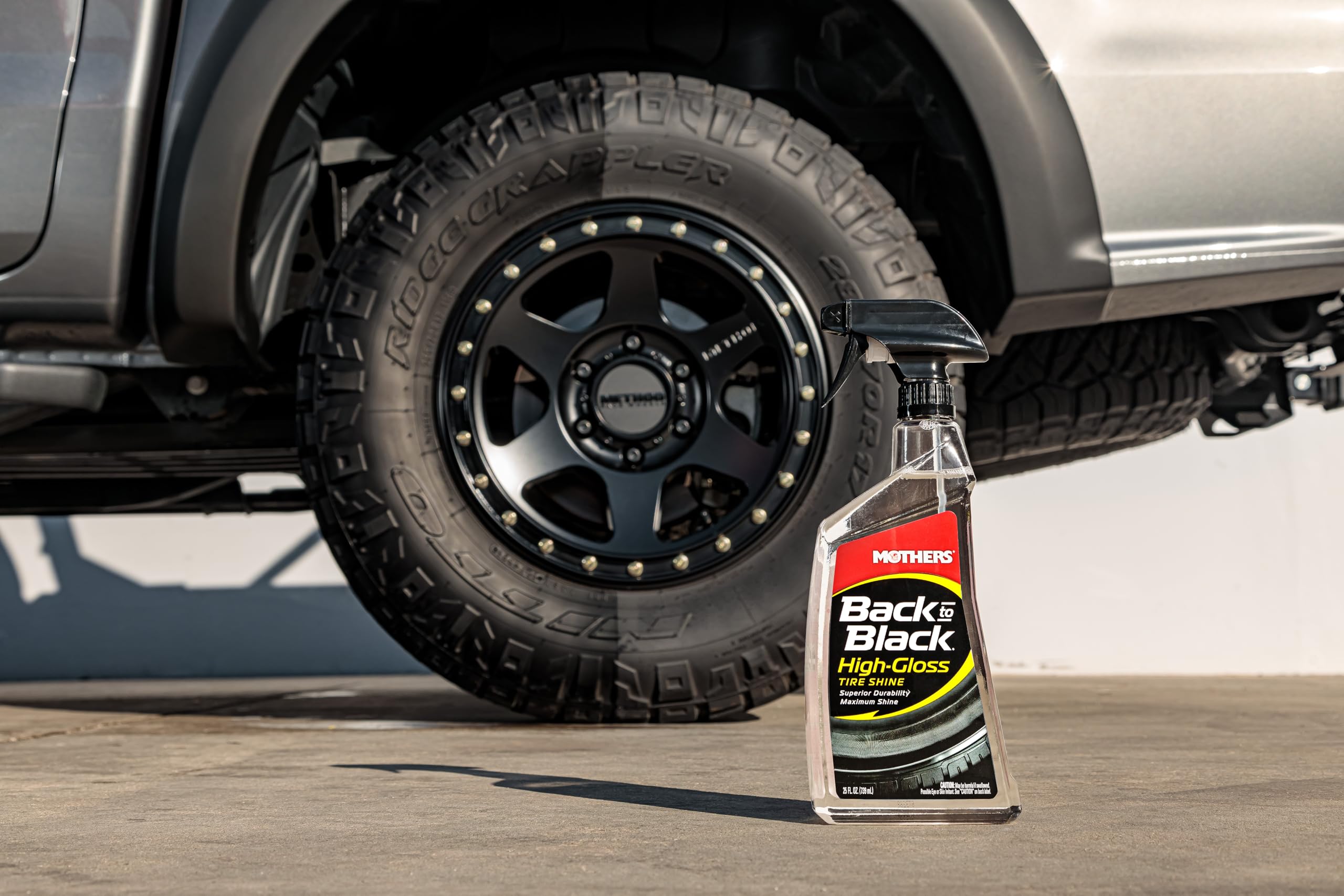Mothers Back-to-Black High-Gloss Tire Shine creates a protective UV barrier