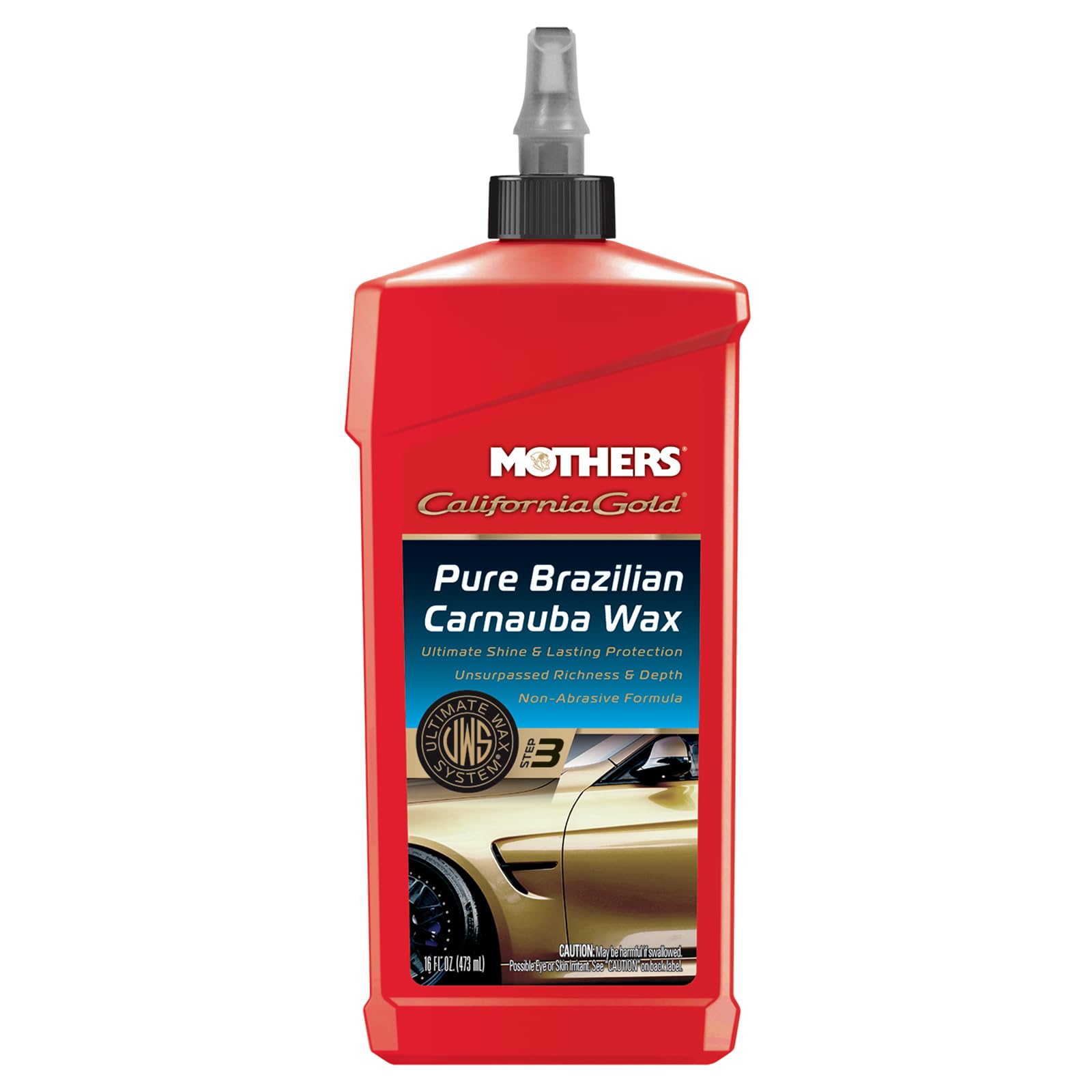 Mothers California Gold Carnauba Wax bottle pours onto paint for deep shine