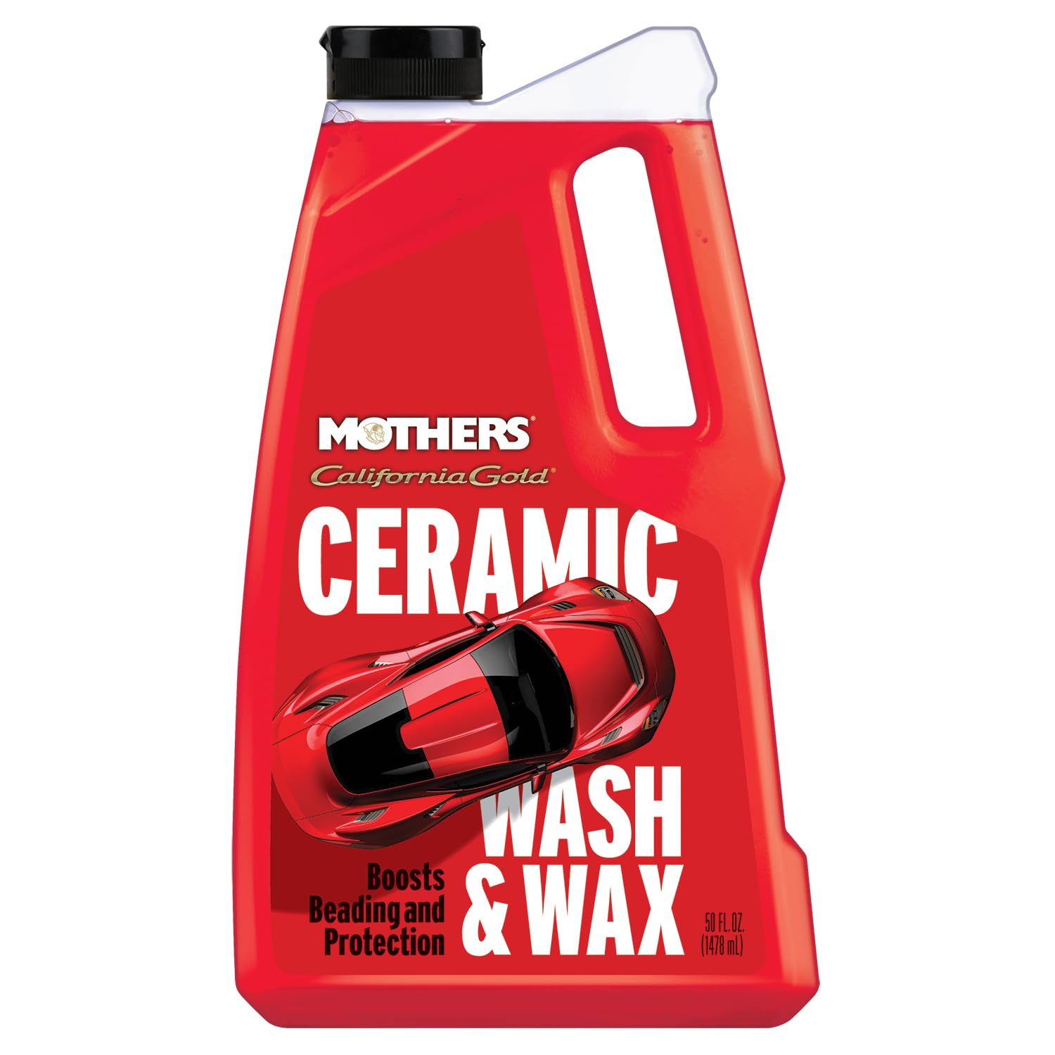 Mothers California Gold Ceramic Wash & Wax bottle front showing beading and gloss