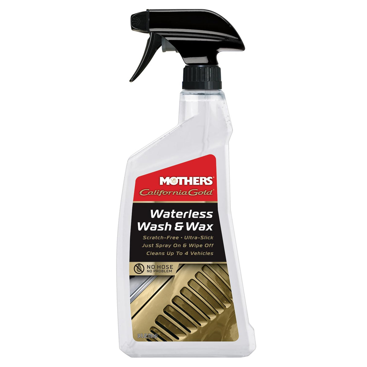 Mothers California Gold Waterless Wash & Wax spray bottle in use for quick, scratch-free cleaning
