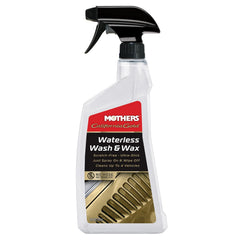 Mothers California Gold Waterless Wash & Wax spray bottle in use for quick, scratch-free cleaning