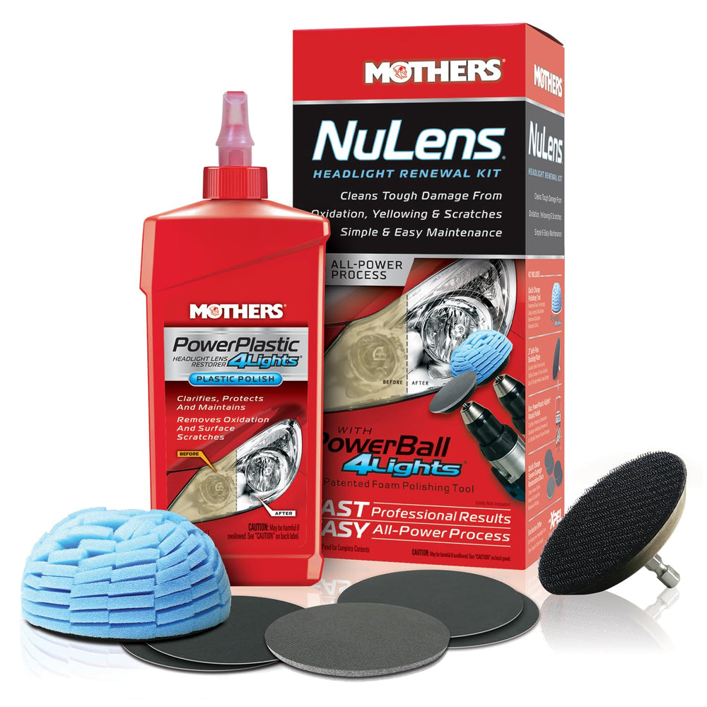 Mothers NuLens bottle of PowerPlastic polish for headlight renewal.