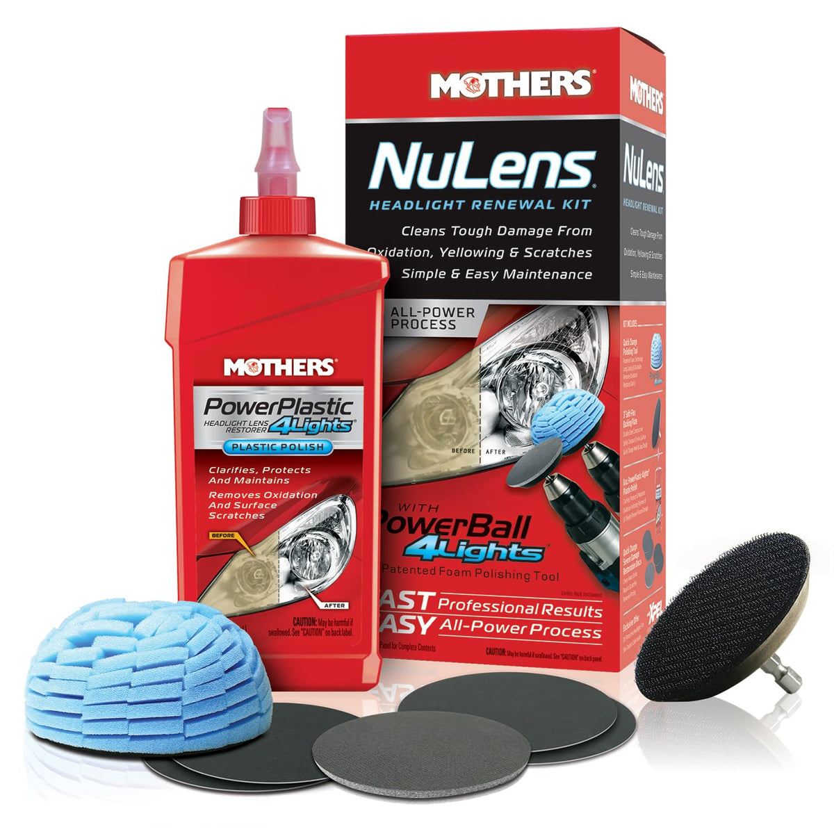 Mothers NuLens bottle of PowerPlastic polish for headlight renewal.