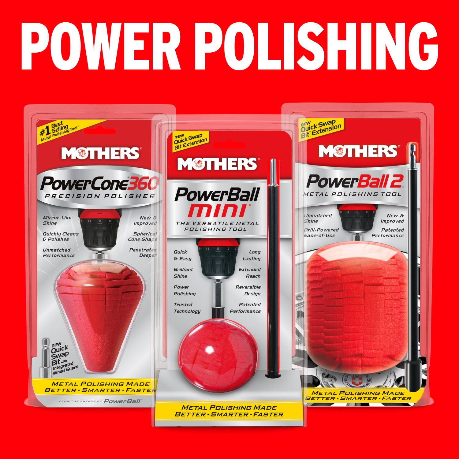 Mothers PowerBall Mini works with compatible polishes on multiple surfaces for versatility.