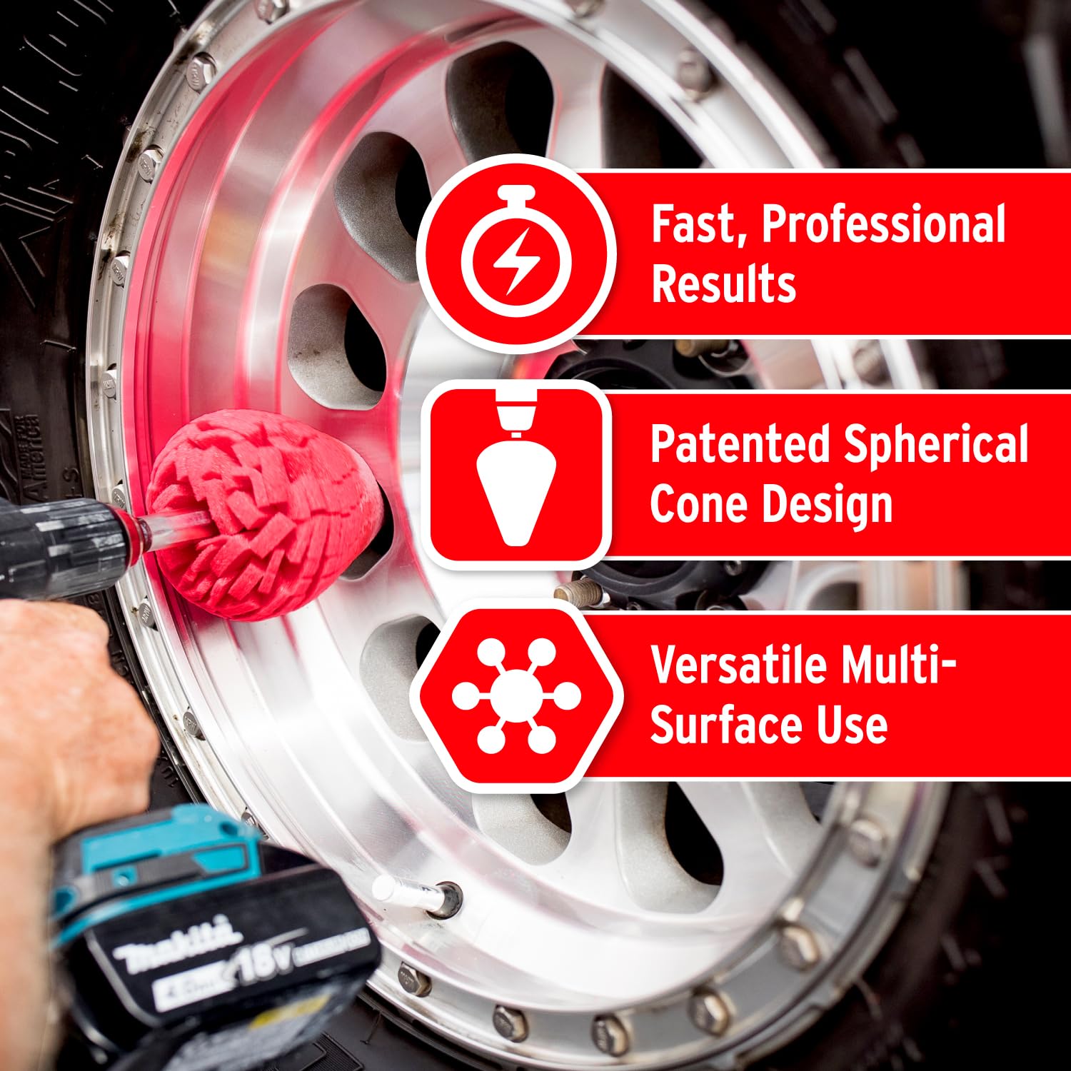 Mothers PowerCone 360 drill-powered setup delivers fast, professional polish.