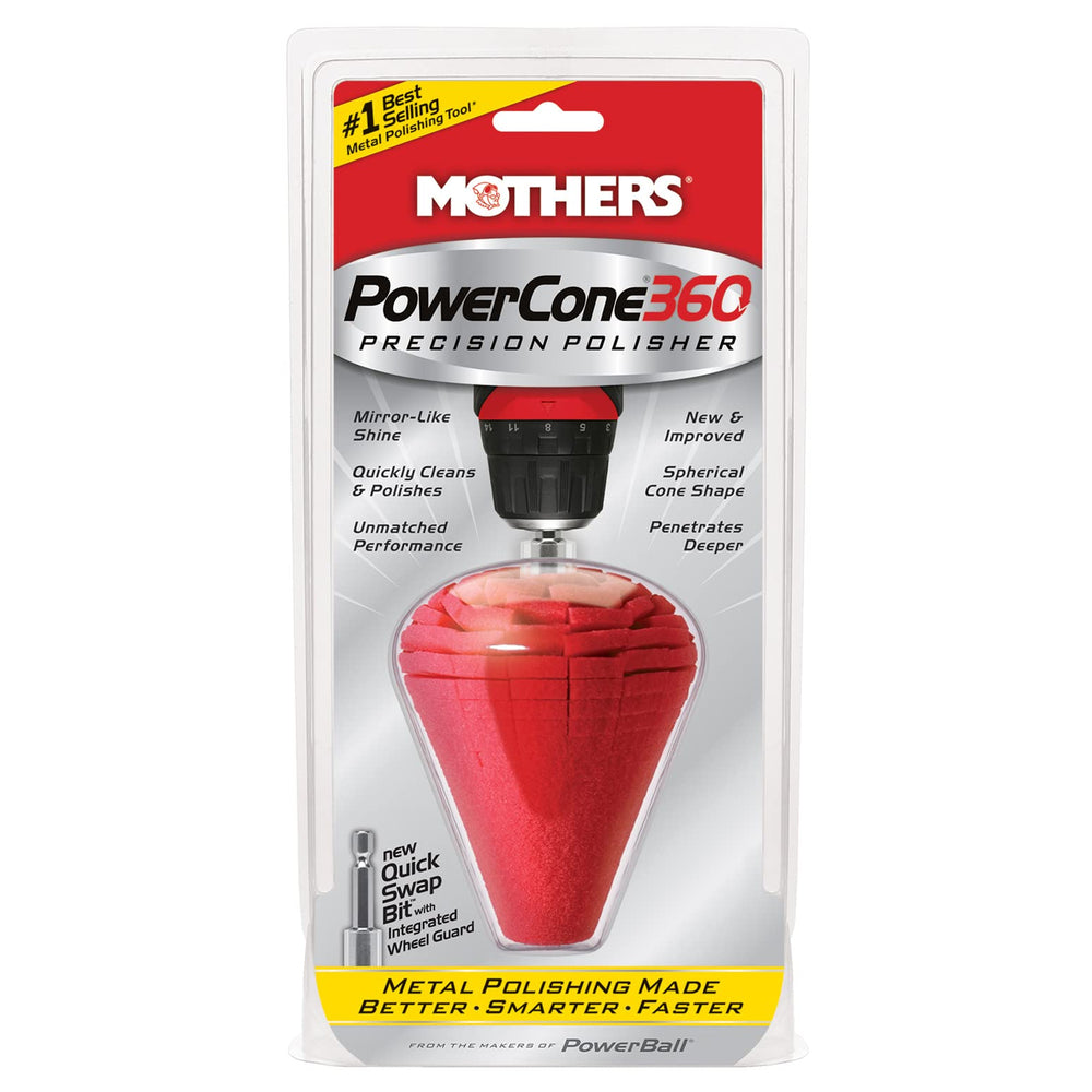 Mothers PowerCone 360 spherical cone design reaching tight curves for smooth polishing.