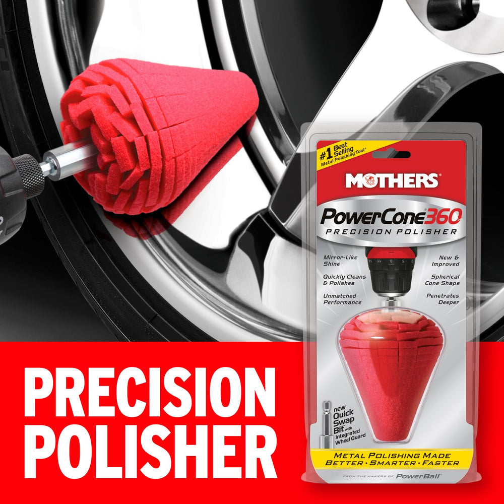 Mothers PowerCone 360 wheel guard protects edges while polishing deep contours.